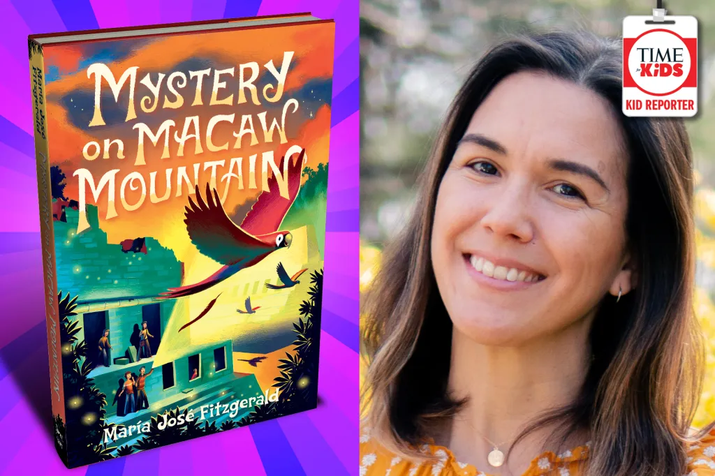 Book titled “Mystery on Macaw Mountain” shows colorful birds flying over a jungle village at sunset, next to a smiling woman with long brown hair identified as a TIME for Kids Kid Reporter.