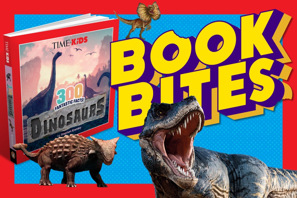 Image of a book titled, "300 Fantastic Facts! Dinosaurs" with the words "Book Bites" surrounded by three dinosaurs