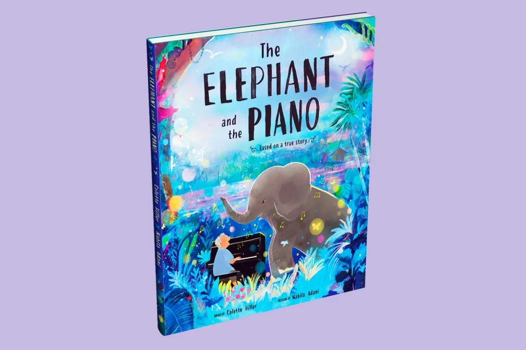 Book cover titled The Elephant and the Piano showing a child playing piano for an elephant in a colorful forest.