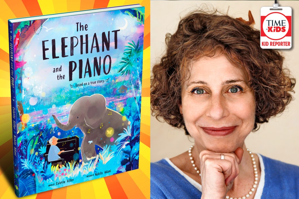 Book cover of The Elephant and the Piano showing an elephant and a person at a piano, next to a portrait of the author smiling and a Kid Reporter badge in the top right corner