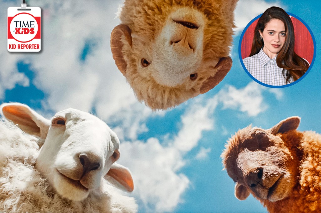 Three sheep look down at the camera against a blue sky, with a small portrait of a woman in the corner and a “TIME for Kids Kid Reporter” badge.