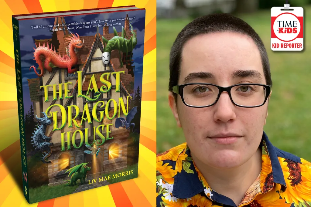 Book cover of The Last Dragon House with colorful dragons on a building, next to a portrait of the author wearing glasses.