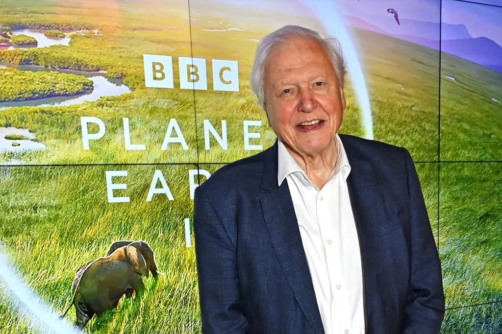 An older man in a blue suit stands in front of a screen displaying the BBC “Planet Earth” logo and a grassy landscape with an elephant.