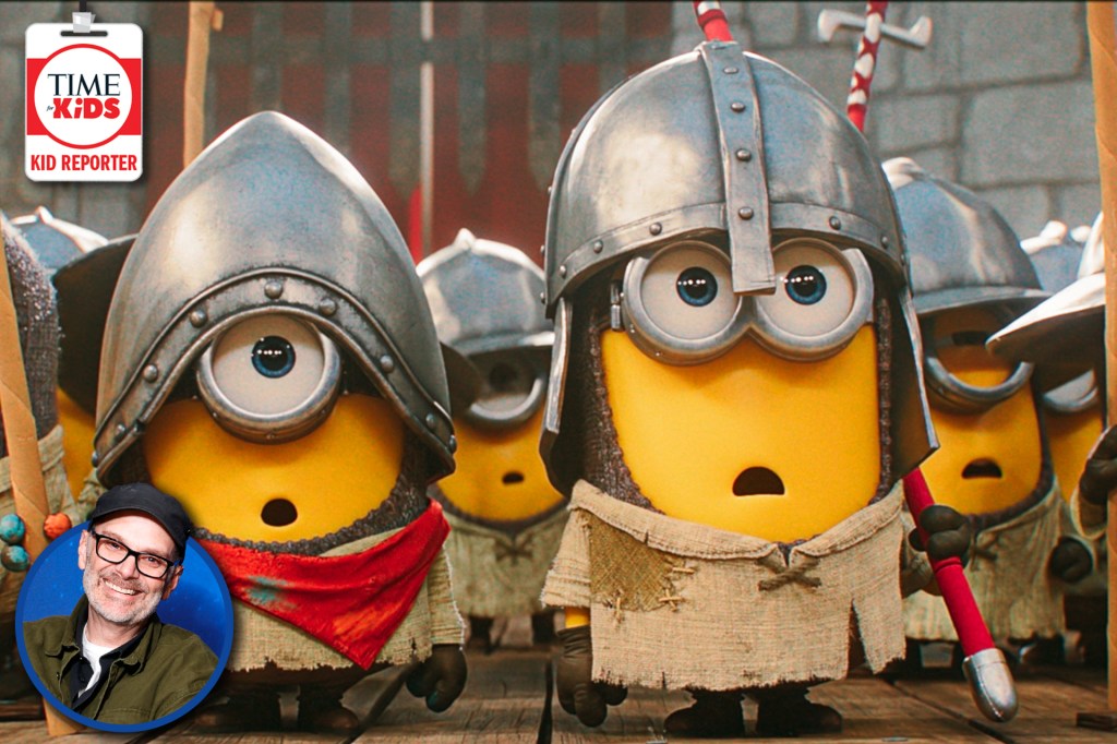 Minions dressed as medieval soldiers wear metal helmets and carry spears, with a small photo of the film's writer in the corner.
