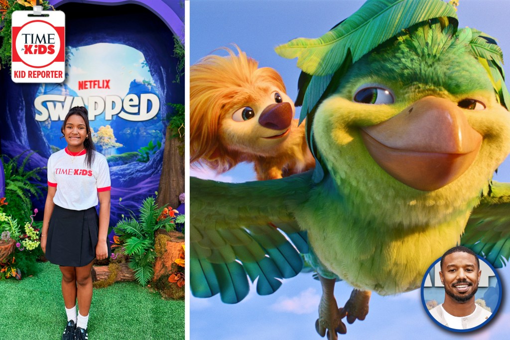 TIME for Kids reporter stands beside a colorful display for the animated movie Swapped, next to two bird-like animated characters and a small photo of an actor.