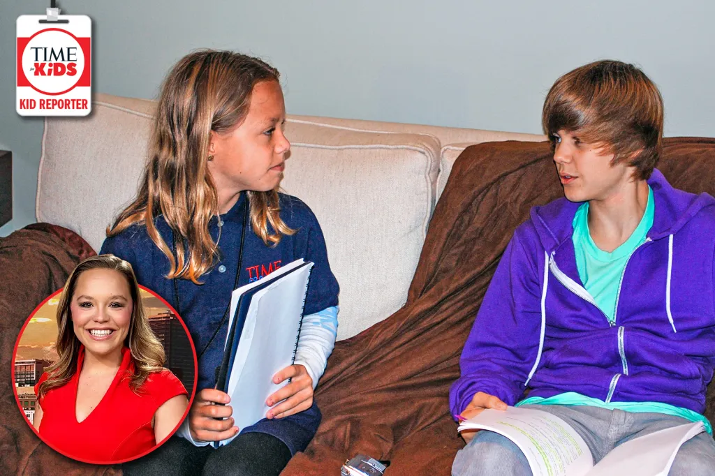 A Kid Reporter interviews a young person seated on a couch. A small photo of the reporter as an adult is in the corner.
