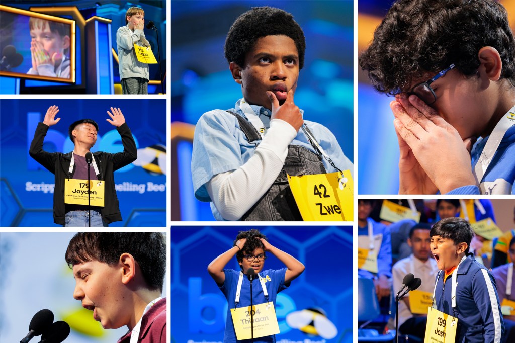 Collage of young spelling bee contestants on stage showing a range of emotions, including surprise, concentration, excitement, and relief, during a national spelling competition.
