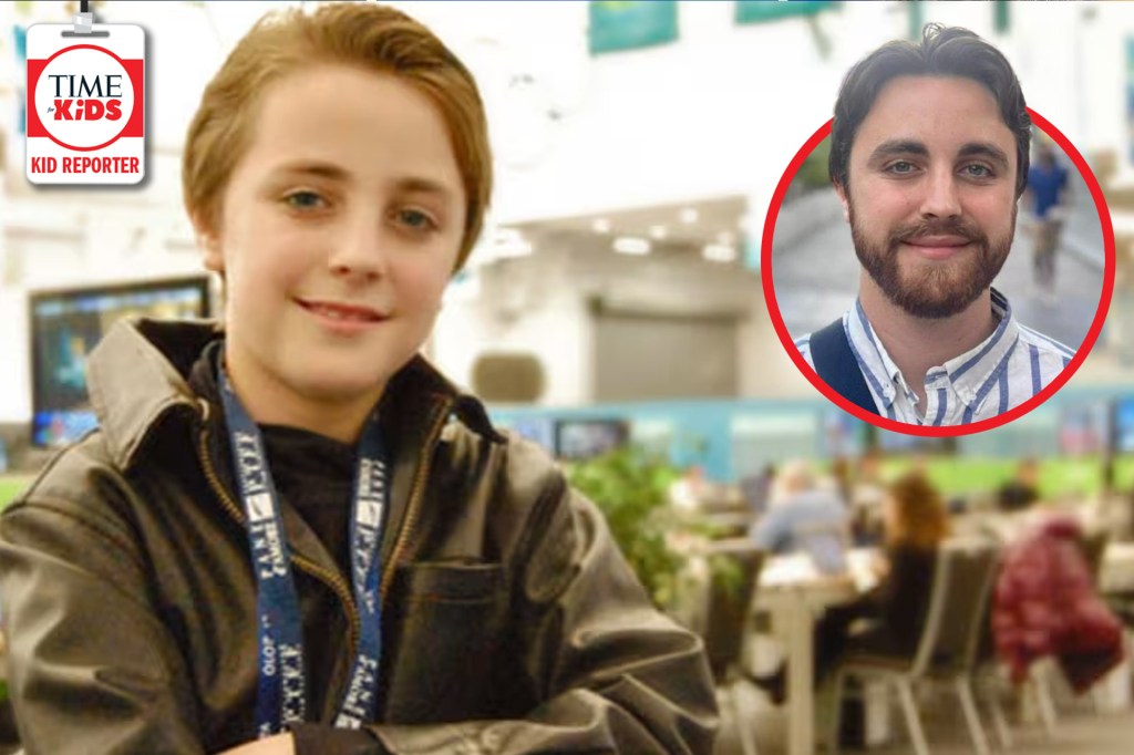 A TIME for Kids Kid Reporter wearing a press badge with an inset portrait of the reporter as an adult, smiling.