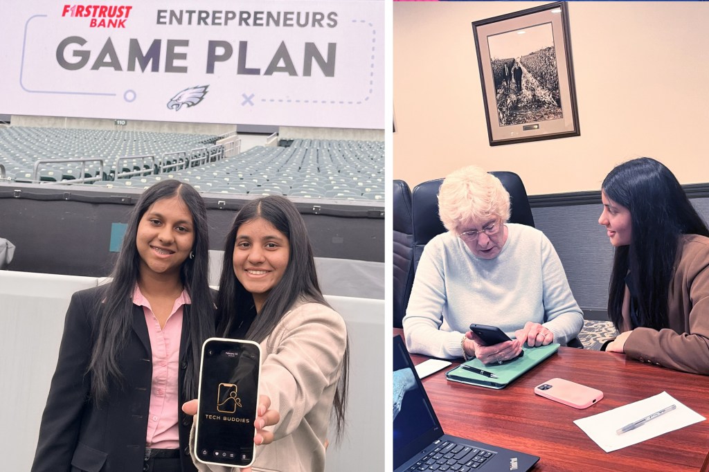 Left: two student entrepreneurs present their Tech Buddies app at an entrepreneurship event in a stadium. Right: a student helps an older adult learn to use a smartphone.
