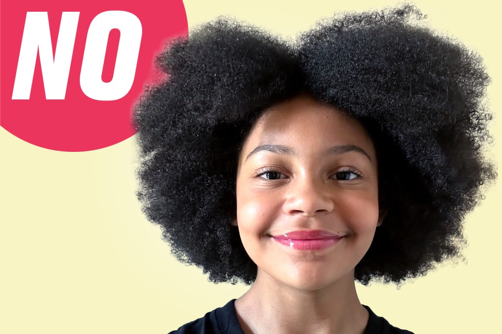 A smiling girl with curly hair against a light yellow background, with a large red speech bubble that says “NO.”