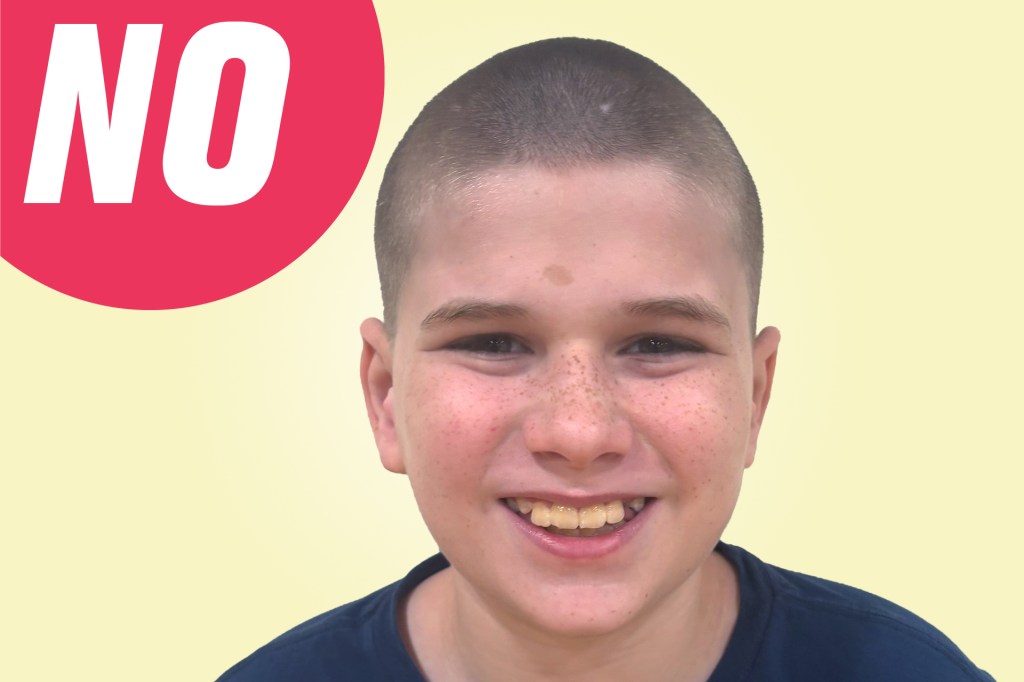 A smiling child with a buzz cut against a light yellow background, with a large red speech bubble that says “NO.”