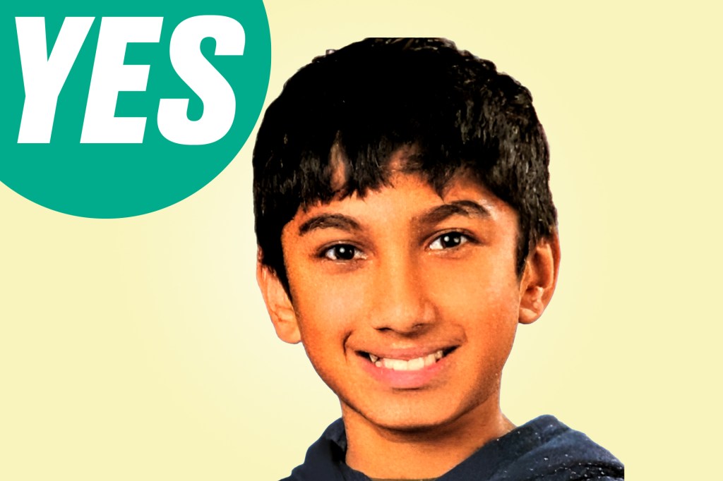 A smiling boy against a light yellow background, with a large green speech bubble that says “YES.”