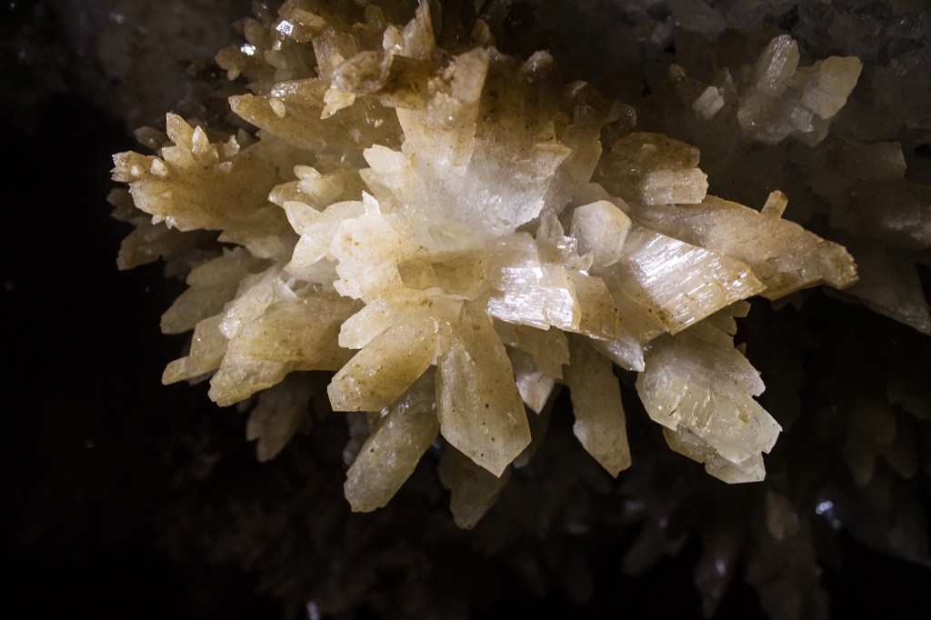 White crystals grow together in a rocky cave.
