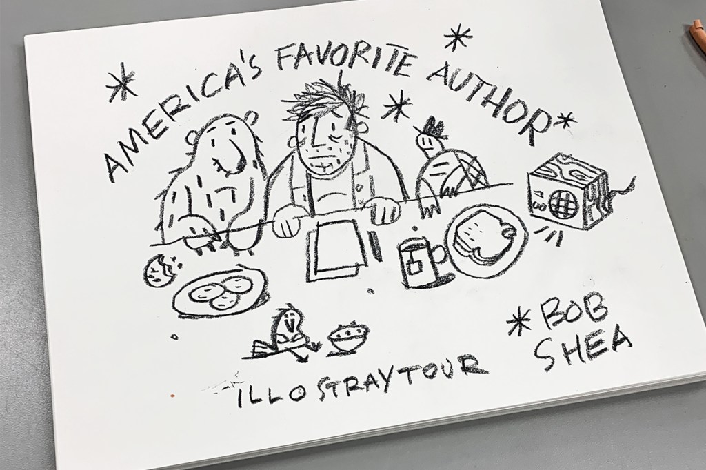 A drawing shows a person sitting at a table with a bear, a turtle with the title, ”America's Favorite Author Illostratour.”
