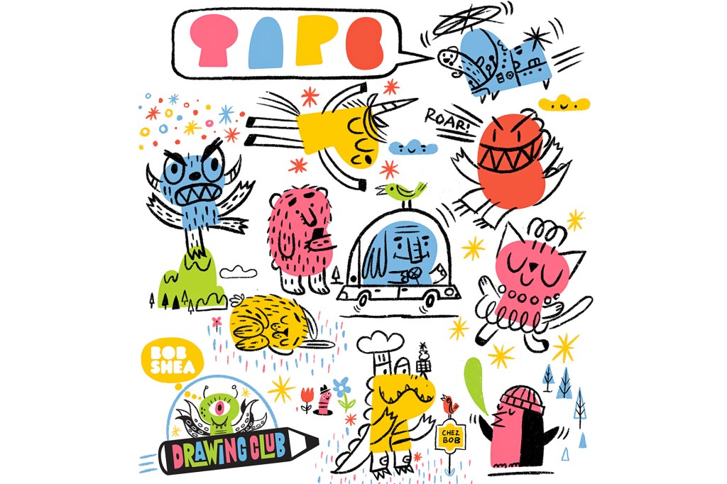 A colorful drawing shows many silly characters in different shapes and sizes.