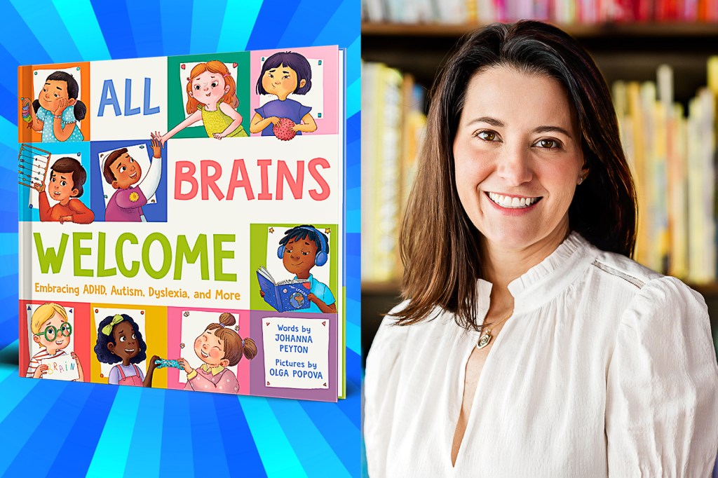 The cover of the book ”All Brains Welcome” next to a photo of a smiling woman.