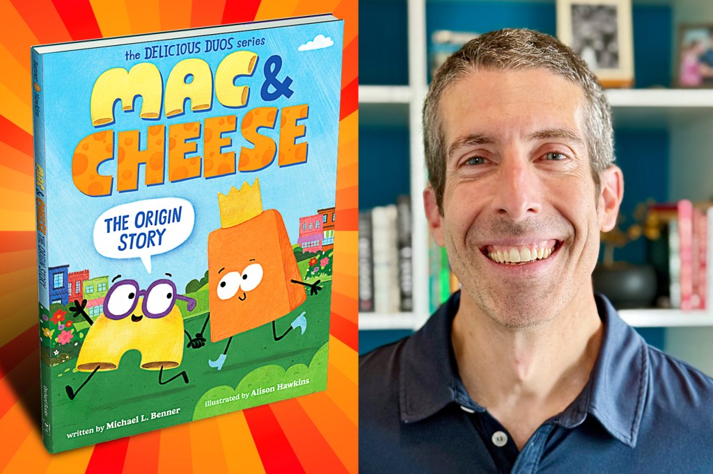The colorful cover of the book, ”Mac and Cheese: The Origin Story” next to a photo of a smiling man.