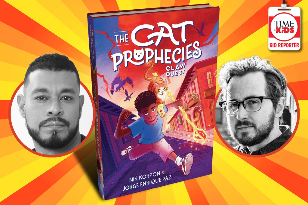 A colorful book cover for The Cat Prophecies: Claw Quest is shown between black-and-white photos of two men, with a TIME for Kids Kid Reporter badge in the corner.