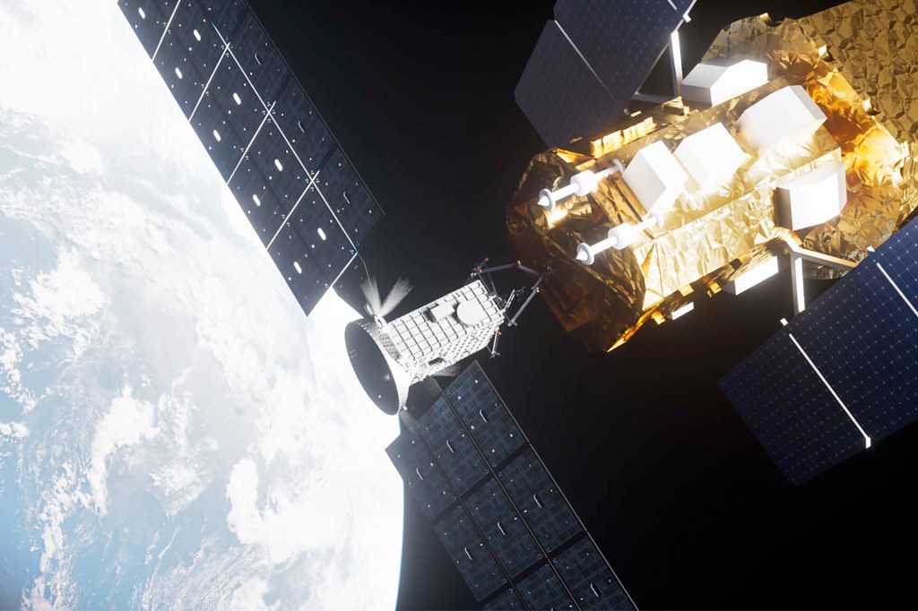 A satellite with large solar panels orbits above Earth.