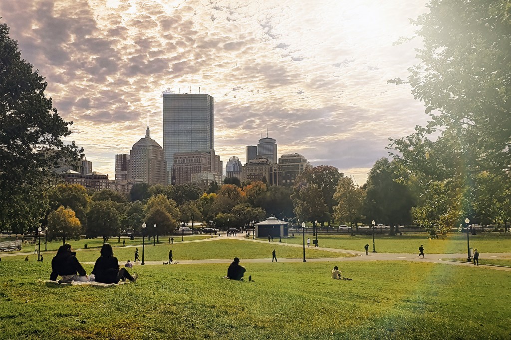 People relax and walk across a grassy city park with tall buildings in the distance.