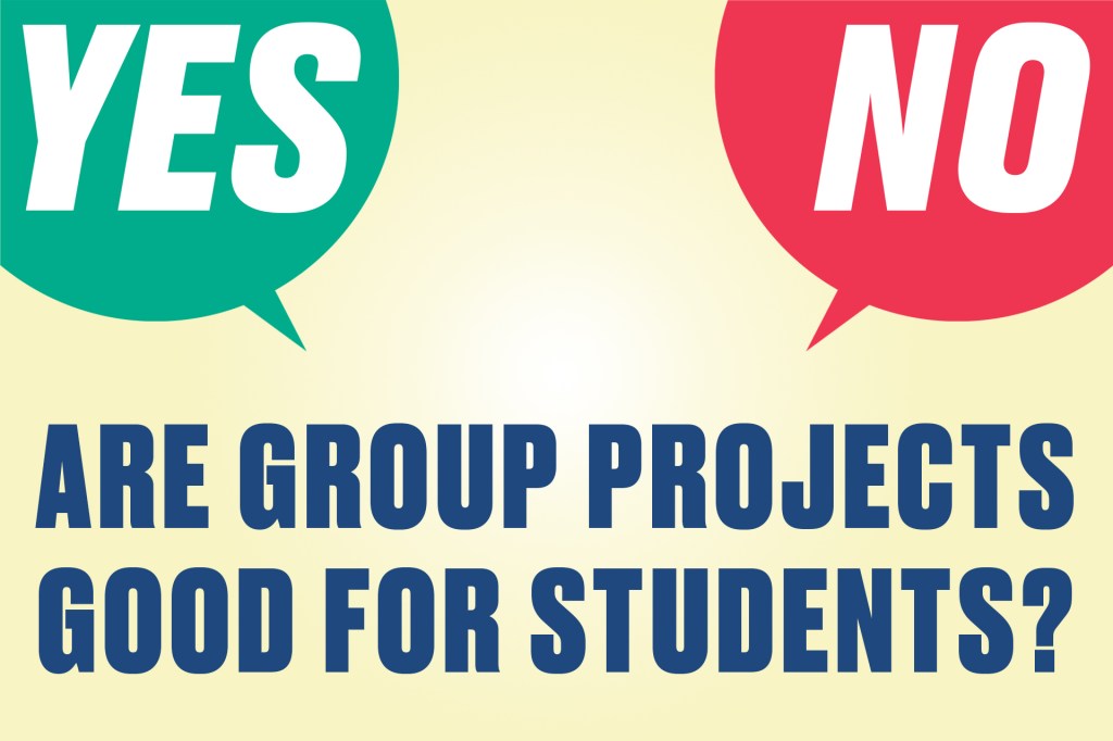 Green “YES” and red “NO” speech bubbles appear above the question, “Are group projects good for students?”