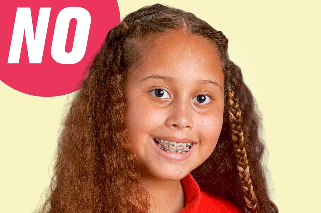 A smiling girl with long curly hair and braces appears next to a red “NO” speech bubble.