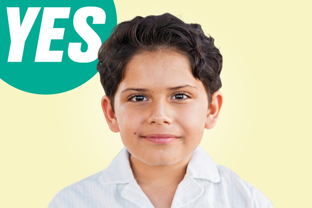 A boy with dark wavy hair and a white shirt appears next to a green “YES” speech bubble.