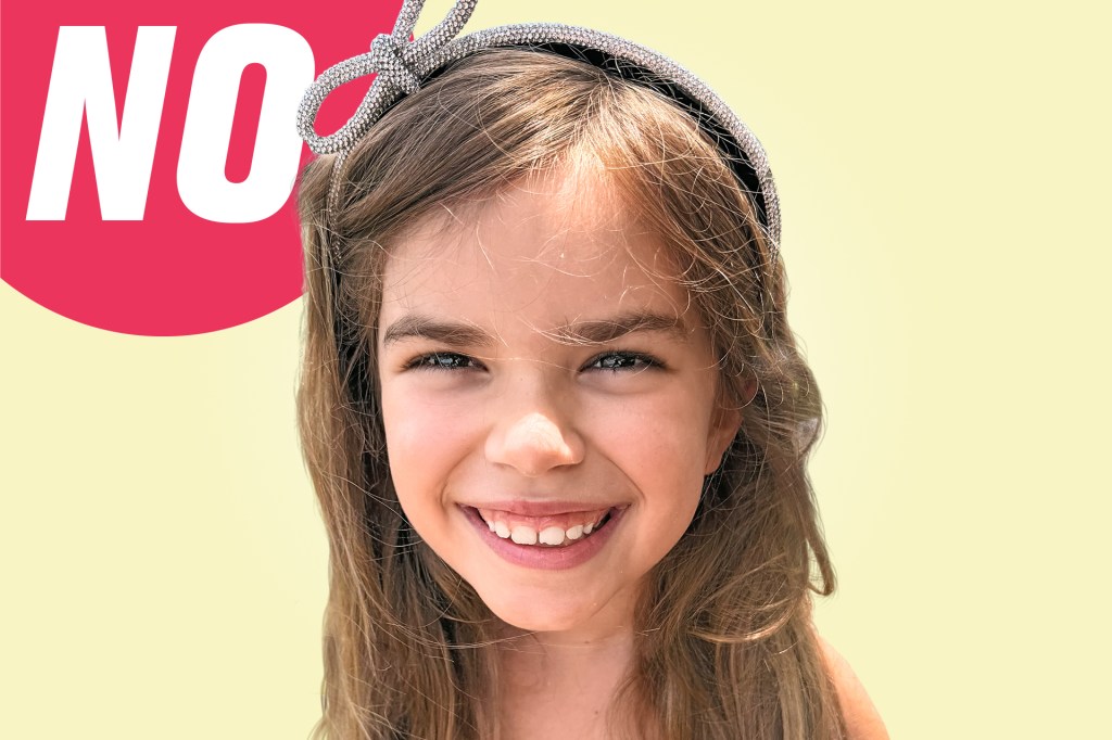 A smiling girl with long light-brown hair and a sparkly headband appears next to a red “NO” speech bubble.