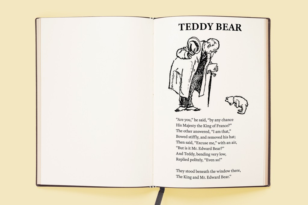 A book open to a page with the title, ”Teddy Bear” with an illustration of a man and bear bowing, and a poem below the illustration