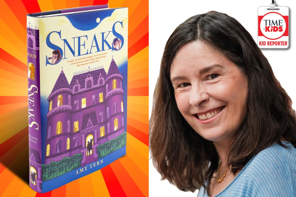 The cover of the book, Sneaks, beside a smiling woman with a Kid Reporter badge in the corner.