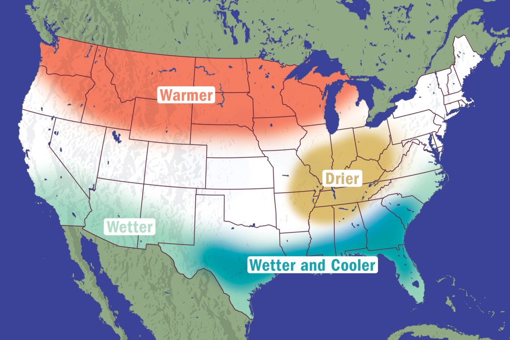 A color-coded map of the US labelled with the central northern and northwest states "warmer", the south west "wetter" central southern and south east states "wetter and cooler" and the eastern central states "drier".