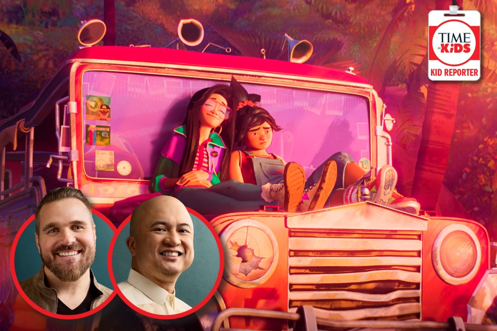 Still from animated film: two girls sit together on the front of a colorful vehicle, with portraits of two men and a Kid Reporter badge in the corners