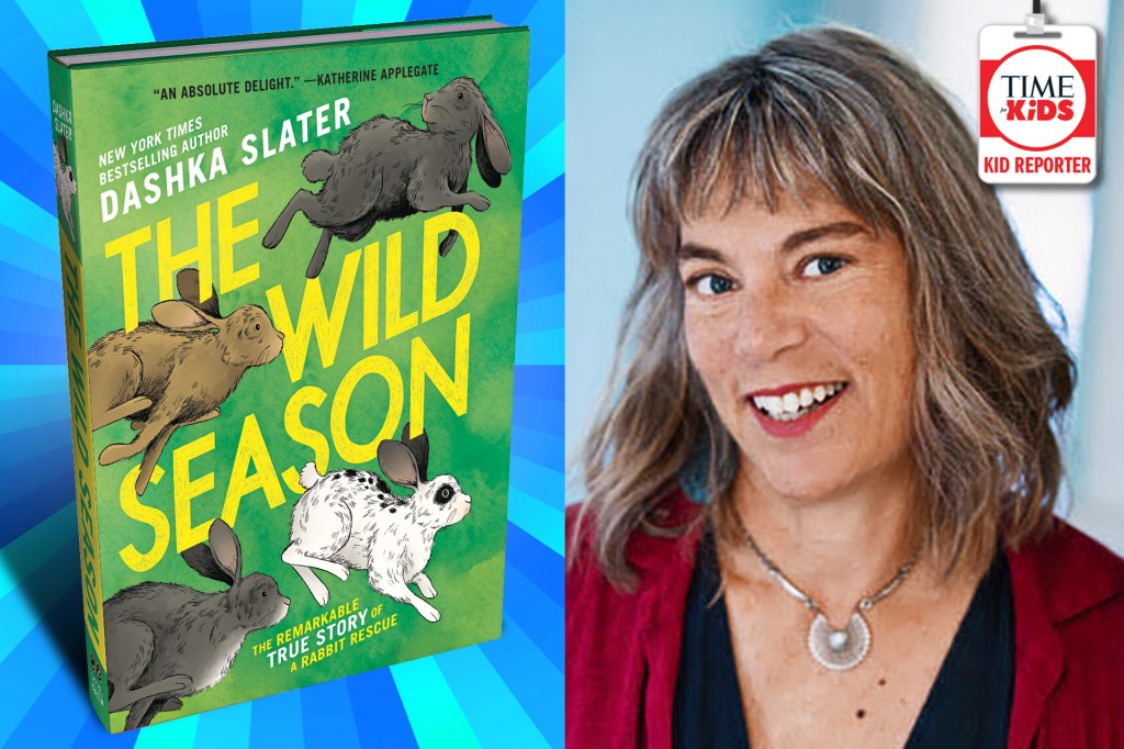 The cover of the book, "The Wild Season" which has rabbits on a green background next to a portrait of a smiling woman wearing a red jacket. A Kid Reporter Badge in the corner.