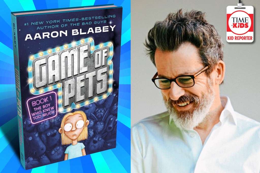 A children’s book cover appears beside a portrait of its smiling, bearded author, with a Kid Reporter badge in the corner.