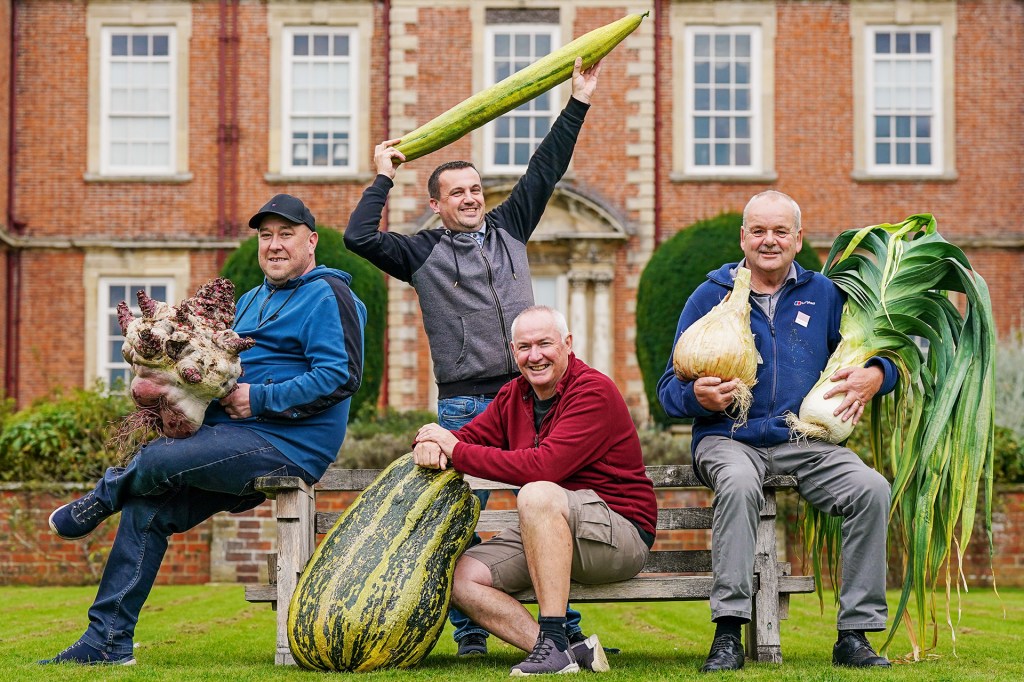 Four men pose outdoors with enormous vegetables, including a squash, gourd, onion and leek.