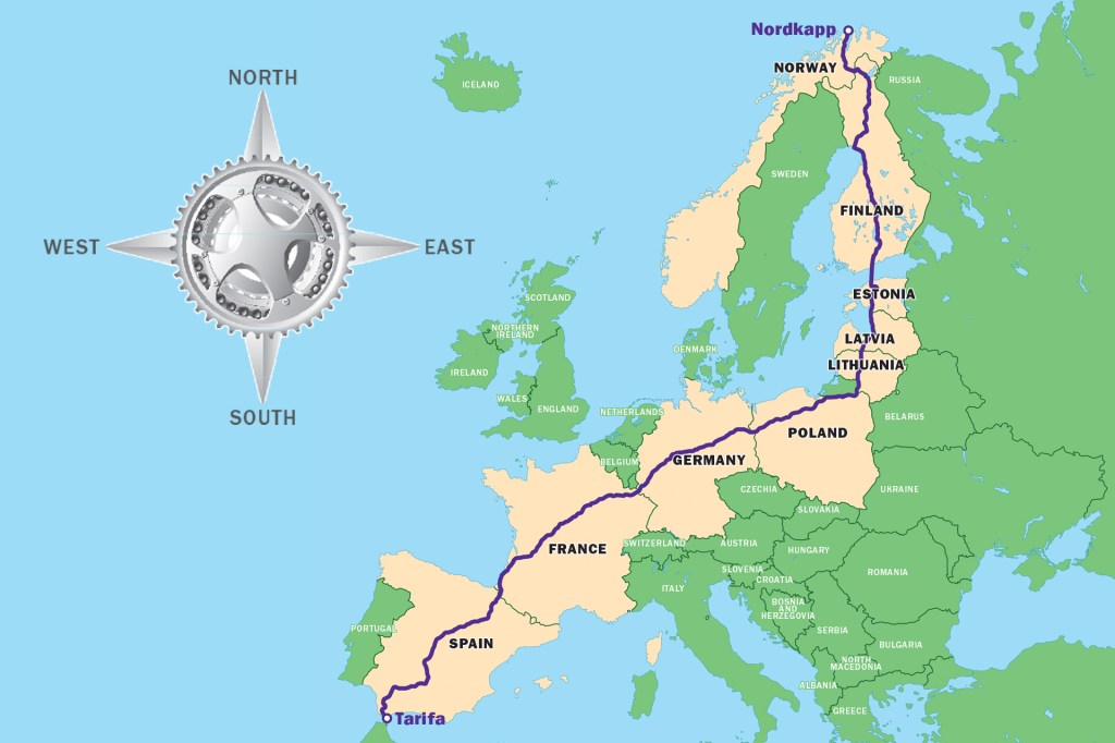 A map traces a route across Europe from southern Spain to northern Norway with a compass rose in the shape of a bike gear.