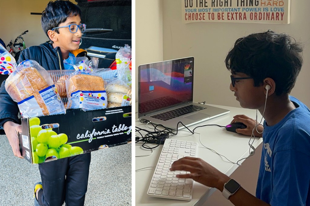Left: a kid holding a box full of groceries. Right: the same kid working at a computer.