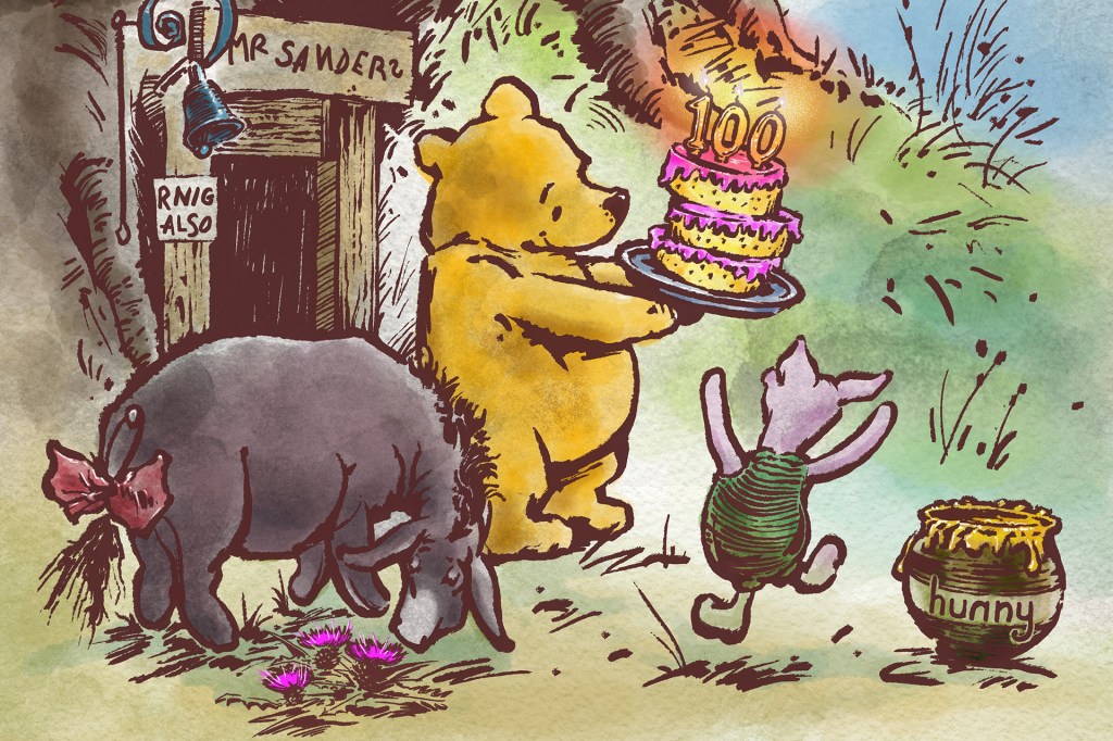An illustration shows a yellow bear carrying a birthday cake as a donkey and piglet stand nearby