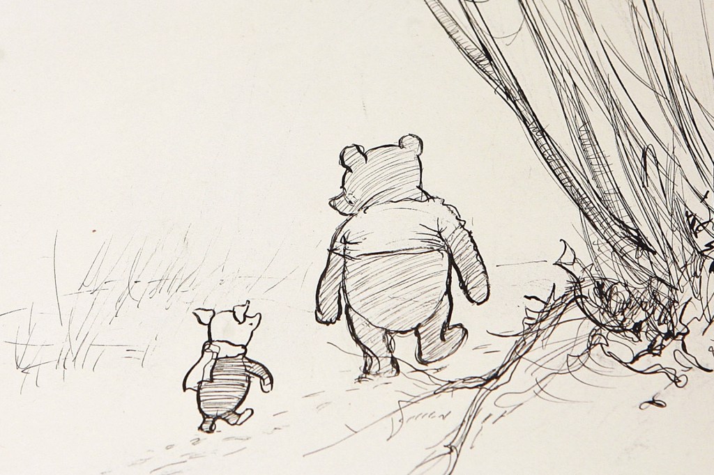 A sketch shows a bear and a small animal walking together.