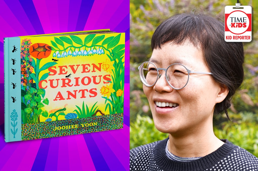 A colorful book cover featuring ants and flowers appears beside a smiling person wearing glasses. A kid reporter badge is in the upper-right corner.