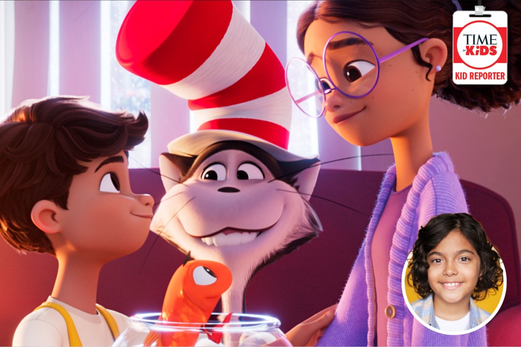 An animated scene shows a smiling cat in a tall striped hat with two children and a fish. A circular portrait of a child appears at the bottom right, with a kid reporter badge in the upper-right corner.