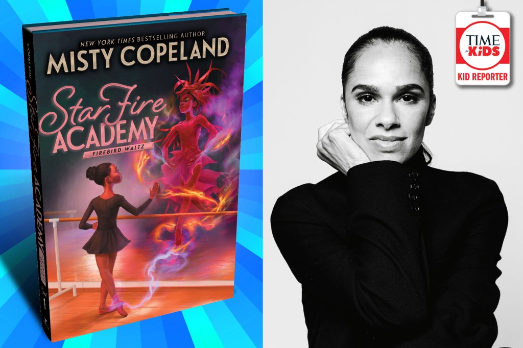 A book cover for Star Fire Academy: Firebird Waltz by Misty Copeland appears beside a black-and-white portrait of the author, with a TIME for Kids Kid Reporter badge in the corner.