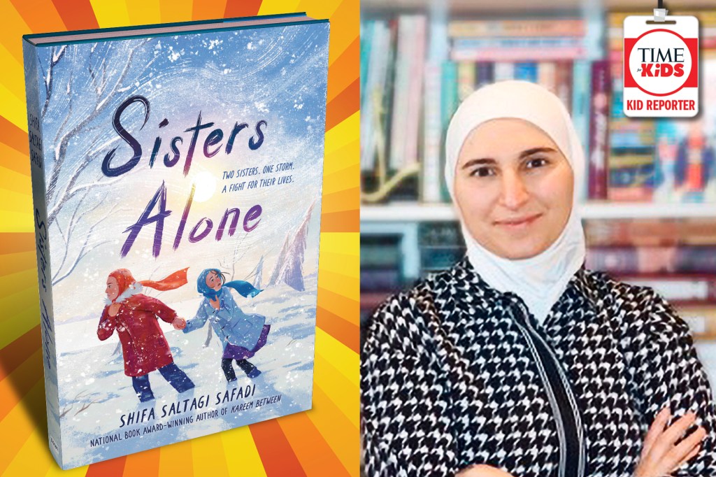 A book cover shows two girls running through a snowy forest, next to a portrait of a smiling woman wearing a white headscarf. A kid reporter badge appears in the upper corner.