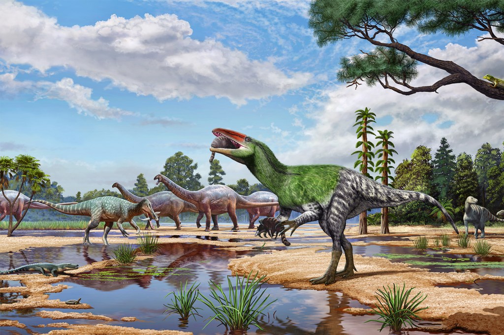 An illustration shows a green dinosaur holding prey in its mouth near a pond, with other dinosaurs and prehistoric plants in the background.