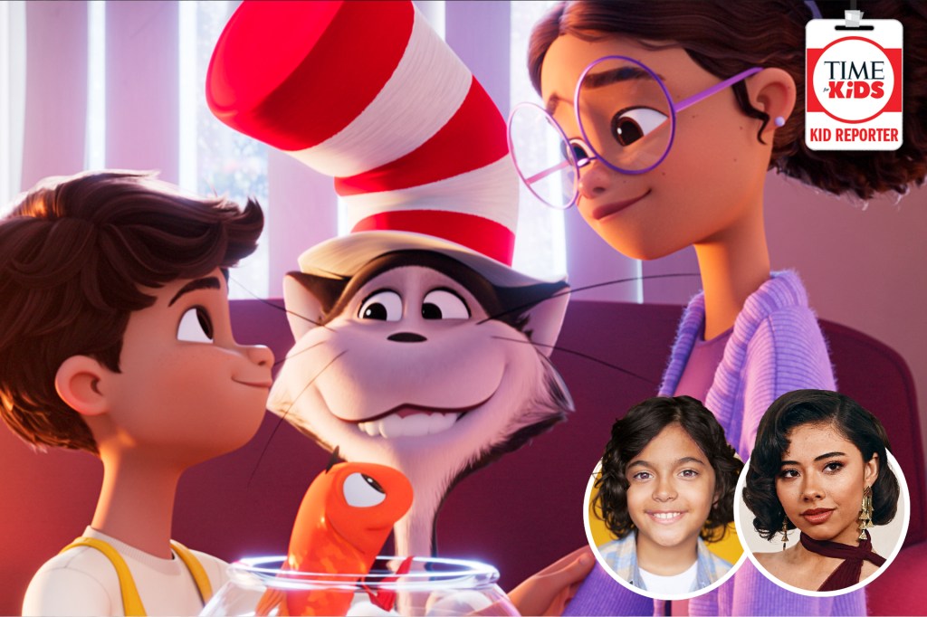 An animated boy smiles at a cat wearing a tall red-and-white striped hat, while a girl with glasses looks on. Two circular portraits appear at the bottom right, with a kid reporter badge in the upper corner.
